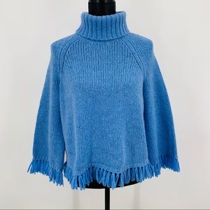 Tory Burch Jennifer Sweater Fringed Turtleneck Alpaca Wool Blend Blue Size S